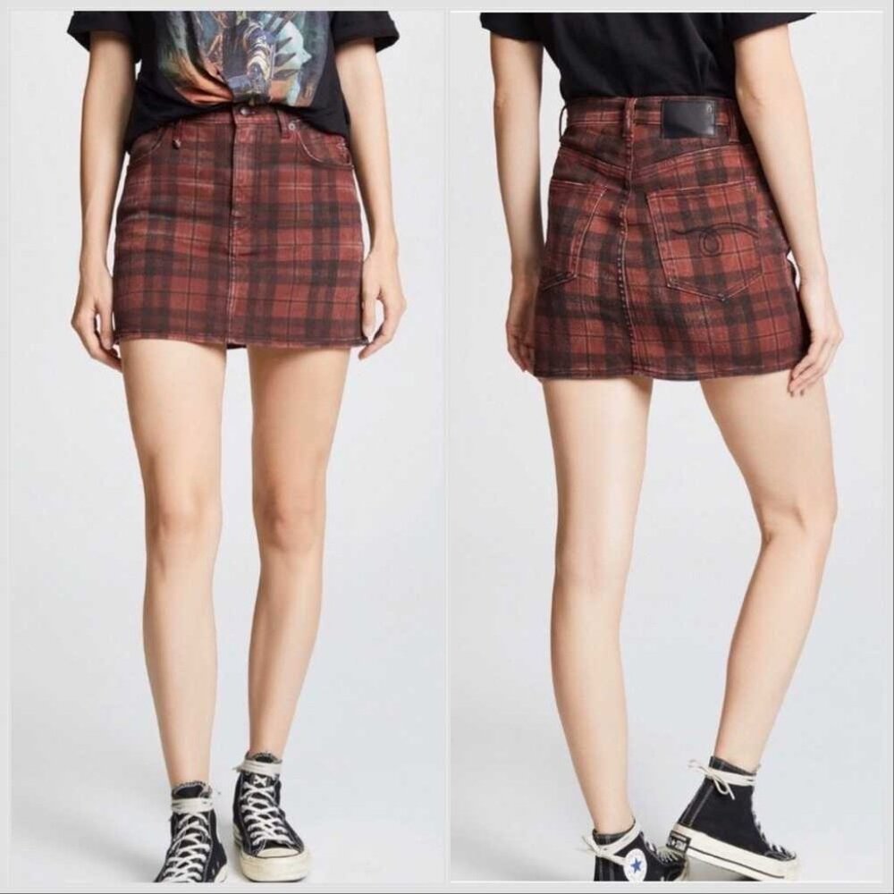 R13 High rise mini skirt in red plaid